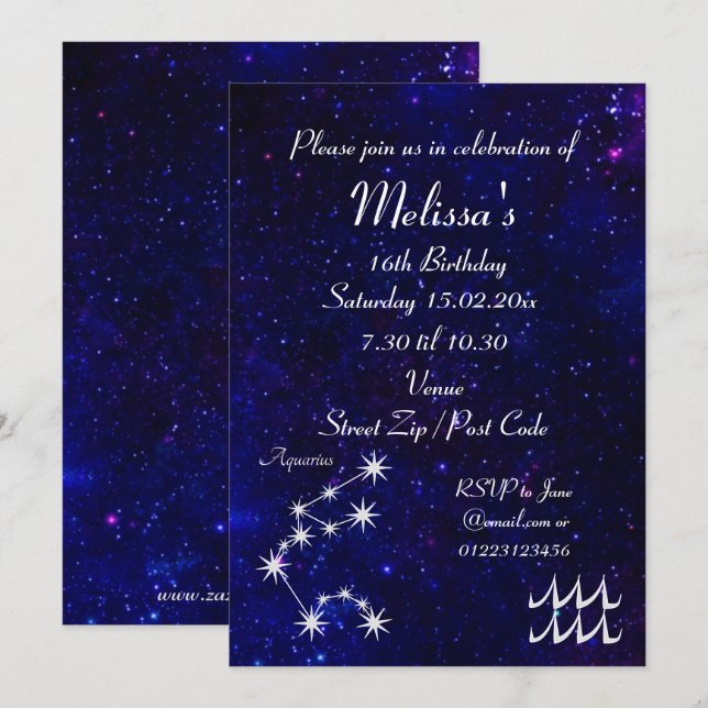 Invitation Fête personnalisée du zodiaque Verseau Galaxie (Devant / Derrière)