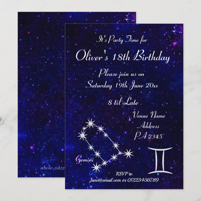 Invitation Fête personnalisée Gémeaux Zodiaque Galaxie (Devant / Derrière)