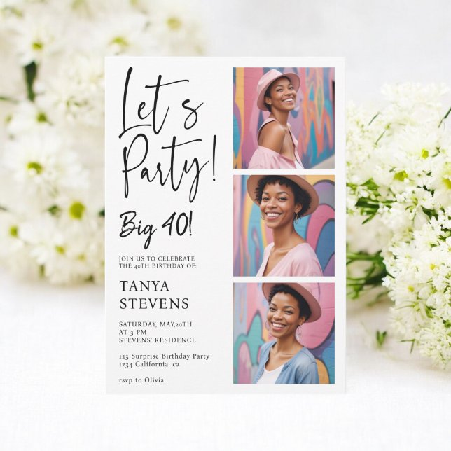 Invitation Fête photo noir surprise quarante anniversaire (Let's party photo black surprise forty birthday invitation)