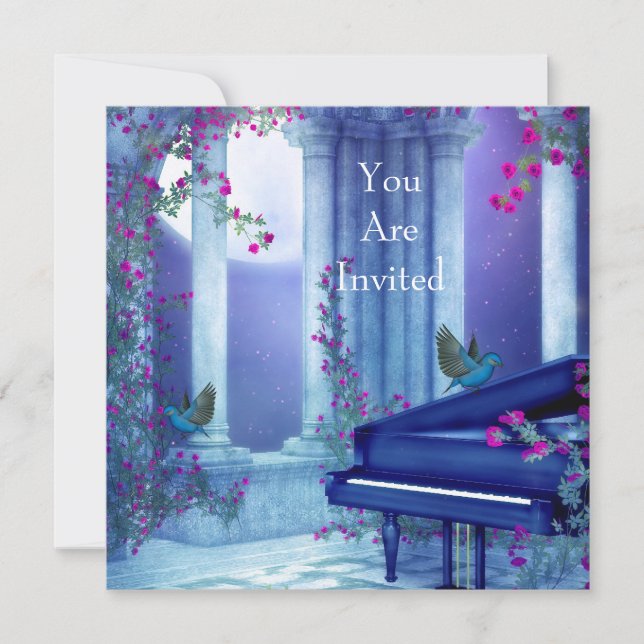 Invitation Fête Piano Oiseaux Clair de Lune Bleu (Devant)