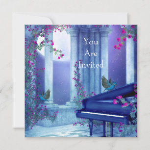 Invitation Fête Piano Oiseaux Clair de Lune Bleu