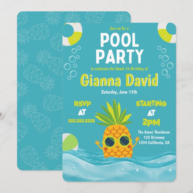 Invitation Fête Piscine d'ananas moderne Anniversaire été (Devant / Derrière)