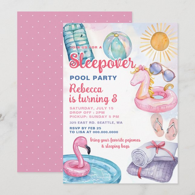 Invitation Fête Piscine de bois rose Fille Tween Ado Annivers (Devant / Derrière)