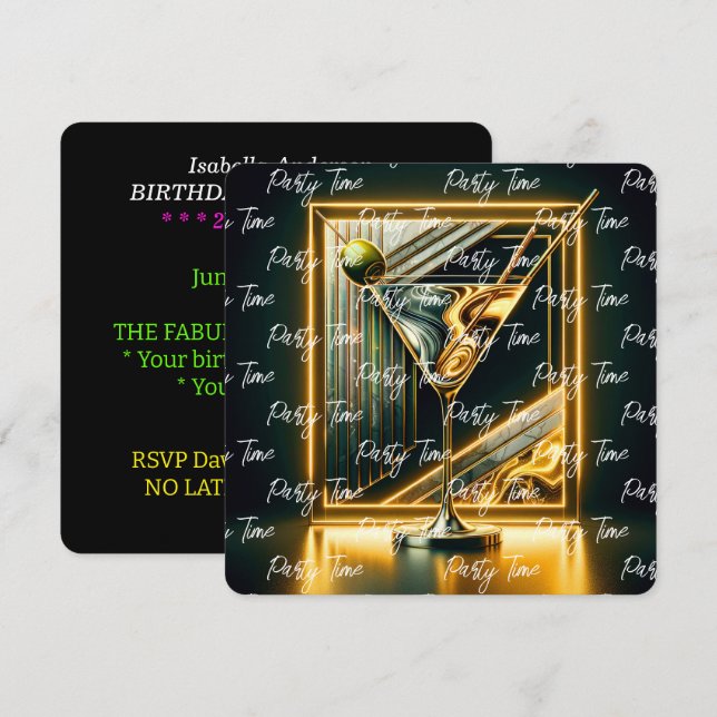 Invitation Fête Populaire Heure Neon Personnalisé (Devant / Derrière)