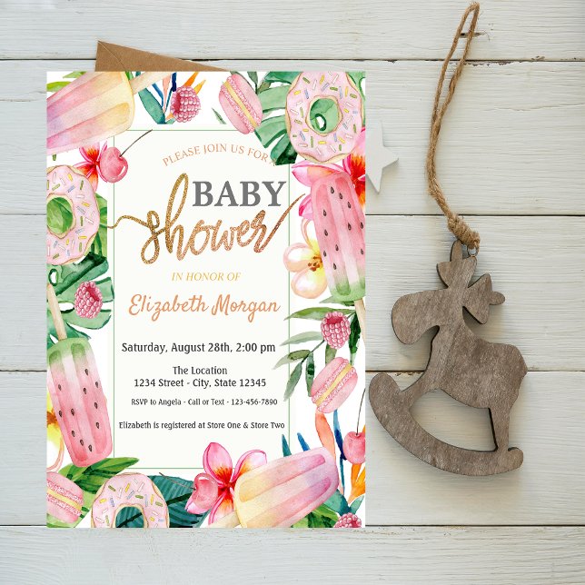 Invitation Fête pour bébé Glace, Donuts Sucreries Feuilles (Créateur téléchargé)