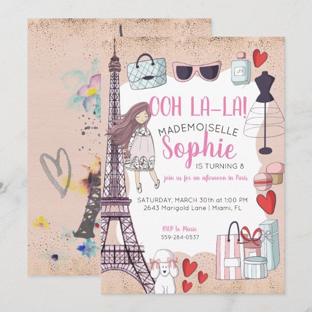 Invitation Fête pour préadolescents sur le thème de Paris (Devant / Derrière)