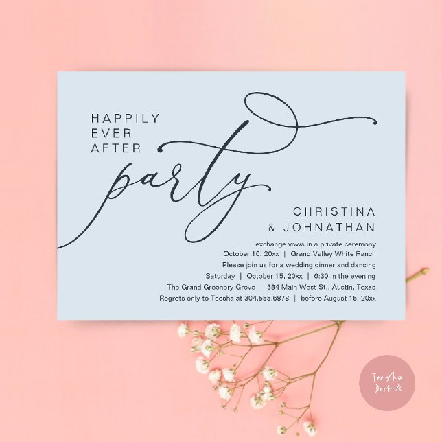 Invitation Fête pour un Bonheur Éternel, Dîner de Mariage Rom (Happily Ever After Party, Romantic Wedding Dinner Invitation card in misty blue)