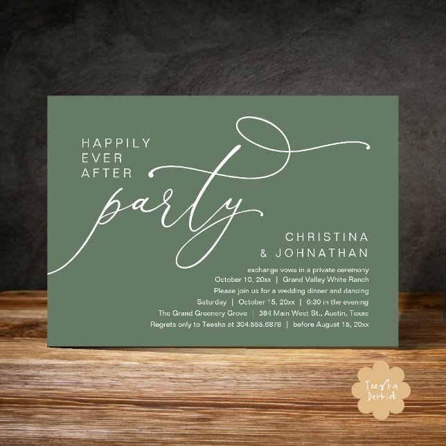 Invitation Fête pour un Bonheur Éternel, Dîner de Mariage Rom (Happily Ever After Party, Romantic Wedding Dinner Invitation card in sage green)