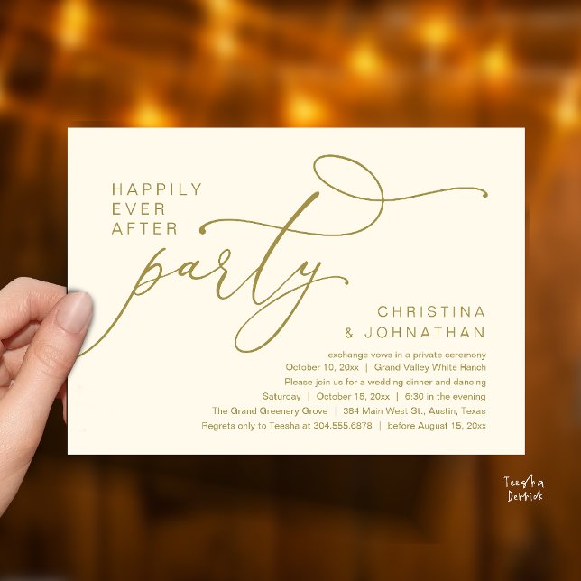Invitation Fête pour un Bonheur Éternel, Dîner de Mariage Rom (Happily Ever After Party, Romantic Wedding Dinner Invitation card in yellow cream and gold)