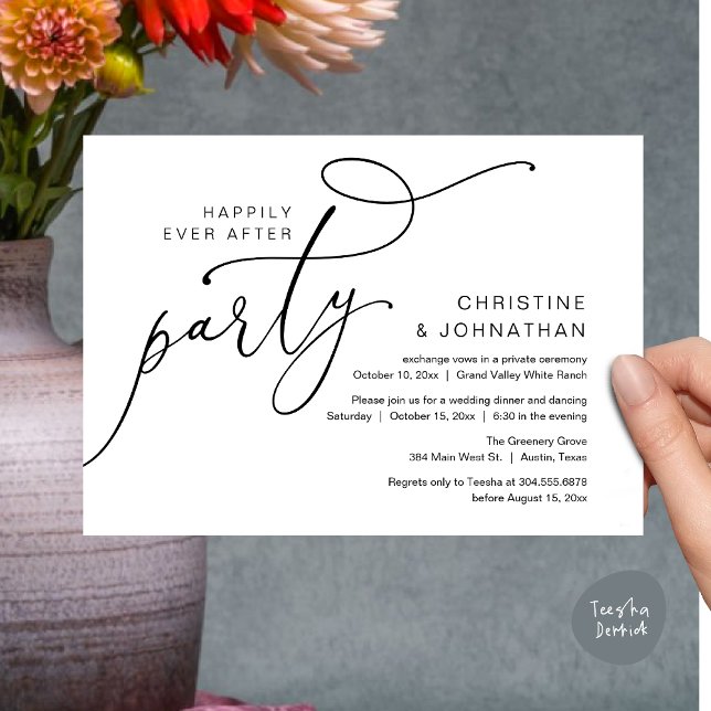 Invitation Fête pour un Bonheur Éternel, Dîner Romantique Dan (Happily Ever After Party, Romantic Modern Elopement Dinner Dancing Invites Card PDF Black White)