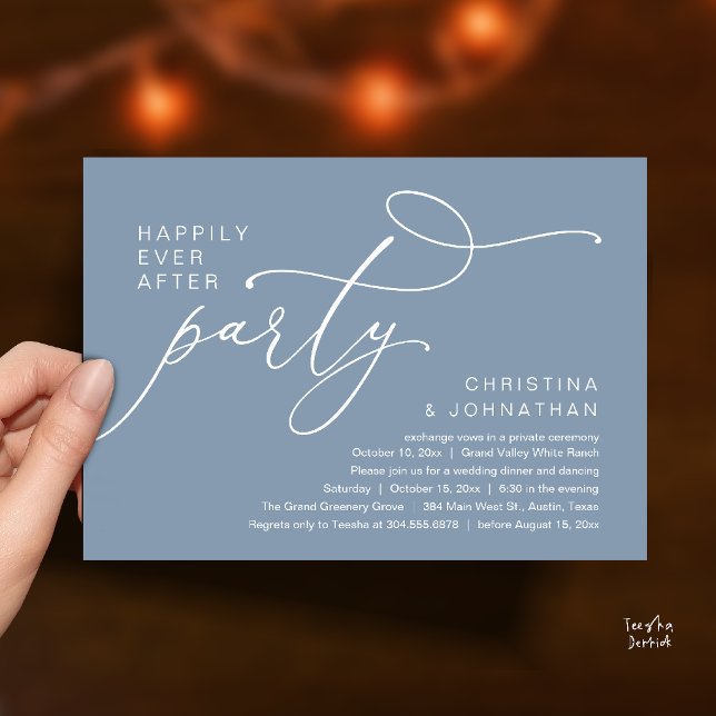 Invitation Fête pour un dénouement heureux, Dîner de mariage  (Happily Ever After Party, Romantic Wedding Dinner Invitation card in dusty blue)