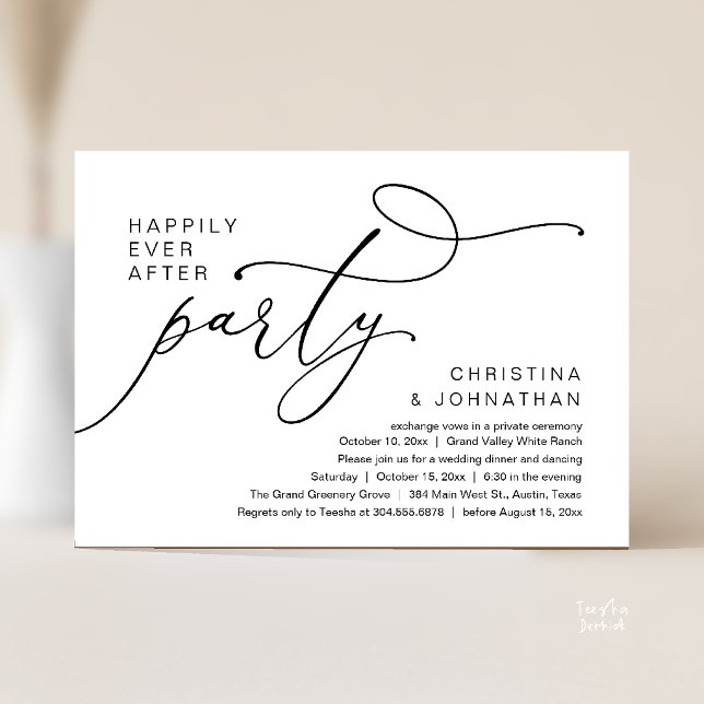 Invitation Fête pour un dénouement heureux, Dîner de mariage  (Happily Ever After Party, Romantic Wedding Dinner Invitation card in black and white)