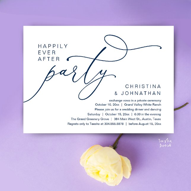 Invitation Fête pour un dénouement heureux, Dîner de mariage  (Happily Ever After Party, Romantic Wedding Dinner Invitation card in navy blue)