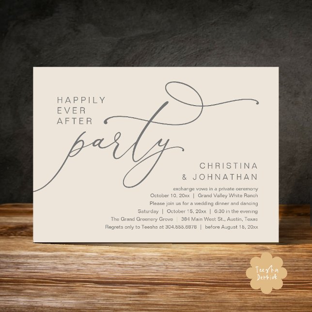 Invitation Fête pour un dénouement heureux, Dîner de mariage  (Happily Ever After Party, Romantic Wedding Dinner Invitation card in cream and grey)