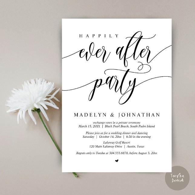 Invitation Fête pour un Mariage de Rêve, Dîner de Mariage (Happily Ever After Party, Modern Calligraphy Wedding Dinner Invitation Card, PDF, in Black and White)
