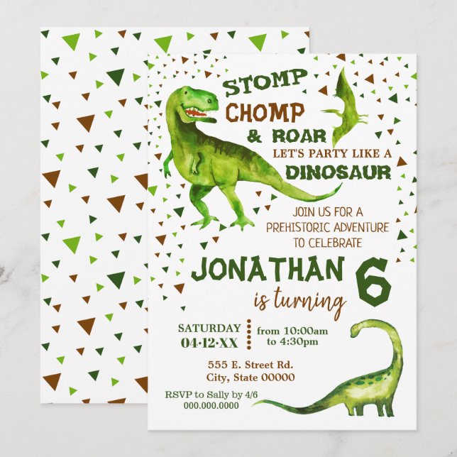 Invitation Fête préhistorique Dino T-Rex (Devant / Derrière)