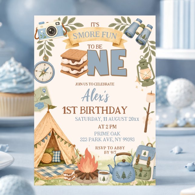 Invitation Fête Premier Anniversaire Bleu Smore Fun to be One (Créateur téléchargé)