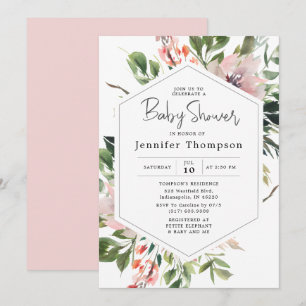 Invitation Fête Prénatale à l'aquarelle Fleurs Rosées et Feui