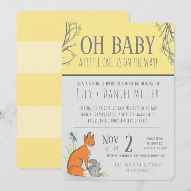 Invitation Fête prénatale animaux de la forêt rayure bébé gen (Devant / Derrière)
