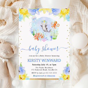 Invitation Fête Prénatale Aquarelle Fleurs Animaux Sous-Marin