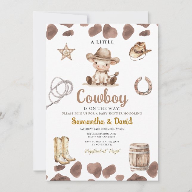 Invitation Fête Prénatale Arrivée de Cowboy à Motif de Vache  (Devant)