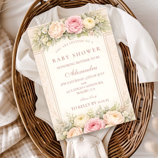 Invitation Fête Prénatale aux Ranunculus Rosés et aux Roses (Créateur téléchargé)