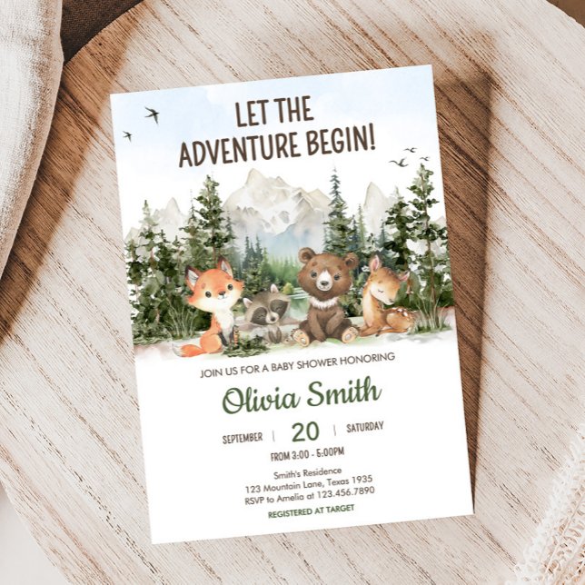 Invitation Fête Prénatale Aventure Animaux de la Forêt (Woodland Animals Adventure Baby Shower Invitation)