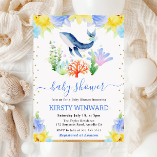 Invitation Fête Prénatale Baleine Sous-Marine Fleurs Aquarell