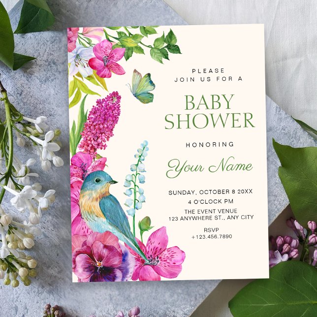 Invitation Fête prénatale bébé art oiseau floral (Créateur téléchargé)