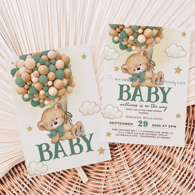 Invitation Fête Prénatale Bébé Ballons Verts Ours (Créateur téléchargé)