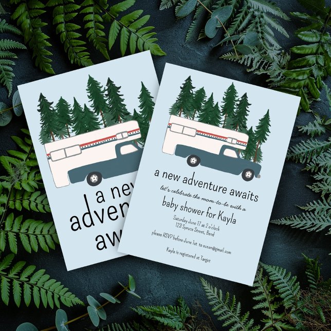 Invitation Fête Prénatale Bébé Camping-Car Caravane Camionnet (Adventure Awaits Baby Shower Invitation Vintage Truck Camper RV Motorhome Vanlife Camping )