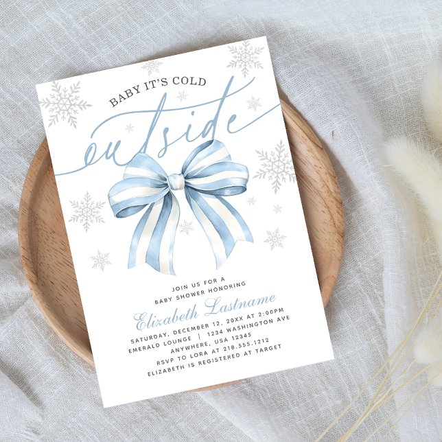 Invitation Fête Prénatale Bébé C'est Froid Dehors Ruban Bleu  (Celebrate in winter style with our Pink Bow “Baby It’s Cold Outside” Baby Shower Invitation.)