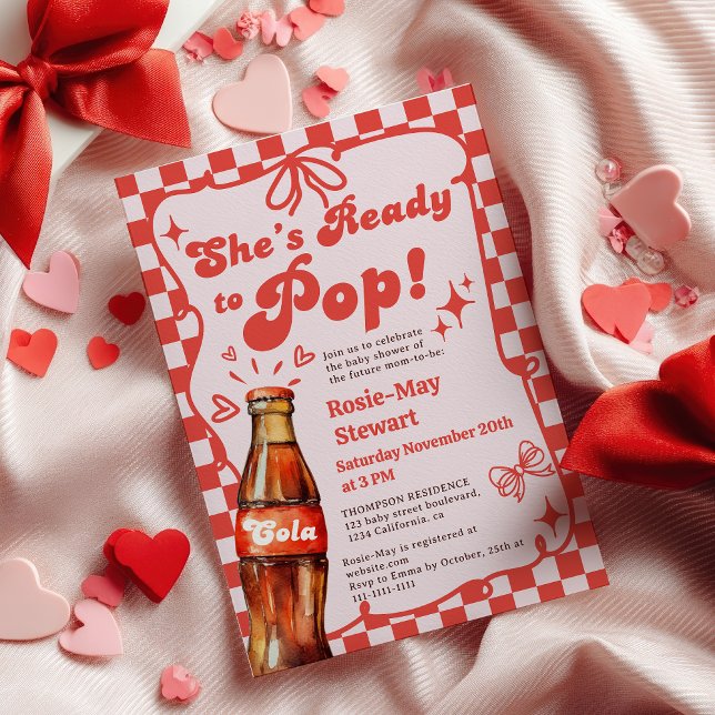 Invitation Fête Prénatale Bébé Cola Rouge Rétro à Faire Craqu (Retro Red Checker Ready to Pop Cola Baby Shower Invitation)