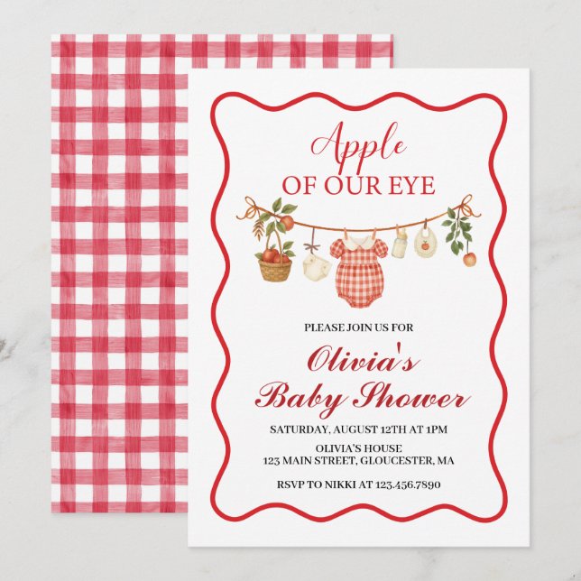 Invitation Fête prénatale Bébé Coquette Apple Ruban Rose (Devant / Derrière)