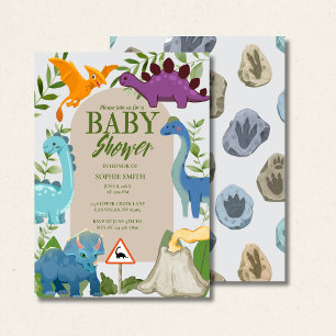 Invitation Fête prénatale bébé dinosaures Bleu, Violet, Volca
