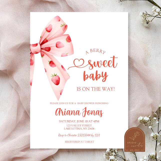Invitation Fête prénatale bébé douce à la fraise avec un nœud (Créateur téléchargé)