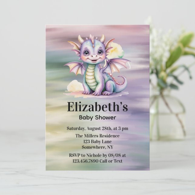 Invitation Fête Prénatale Bébé Dragon Fantasy Pastel (Debout devant)