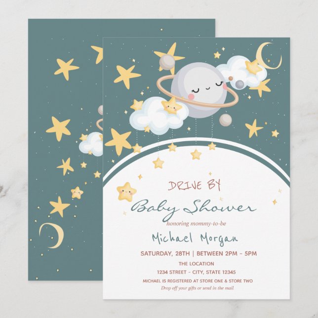 Invitation  Fête Prénatale Bébé Espace Etoiles Nuages Planète (Devant / Derrière)
