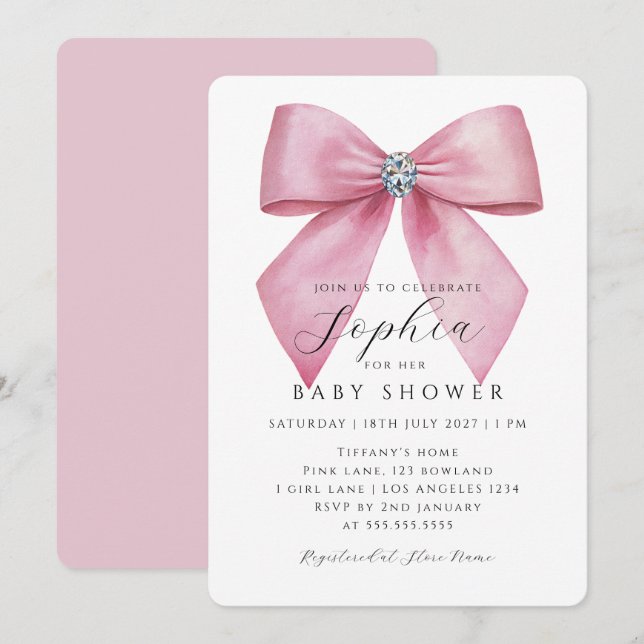 Invitation Fête Prénatale Bébé Fille Arc Rose  (Devant / Derrière)