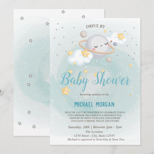 Invitation Fête Prénatale Bébé Fille avec Étoiles, Planète et (Devant / Derrière)