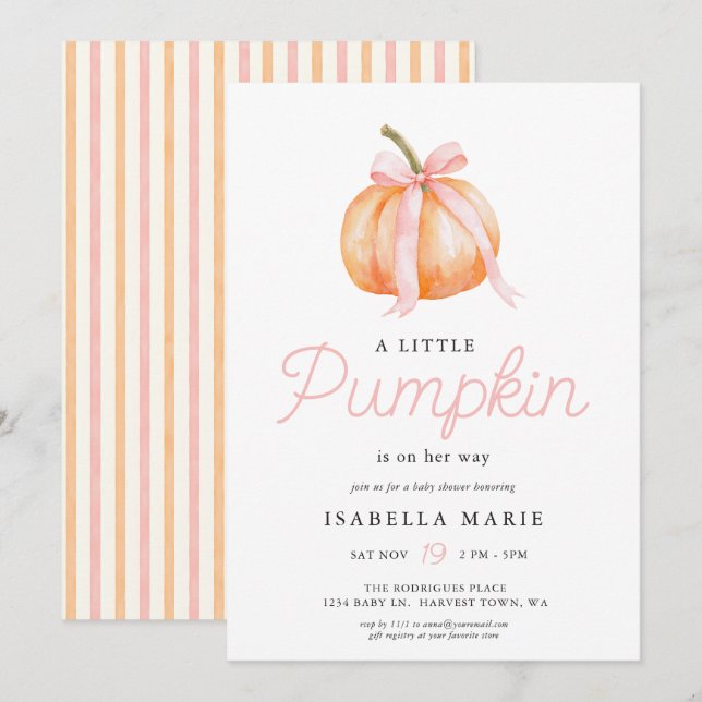 Invitation Fête Prénatale Bébé Fille Citrouille avec Ruban Ro (Devant / Derrière)