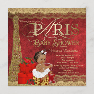 Invitation Fête Prénatale Bébé Fille Ethnique Paris Or Rouge