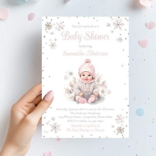 Invitation Fête Prénatale Bébé Fille Flocon de Neige d'Hiver (Baby girl snowflake winter baby shower invitation. Simply add your event details.)