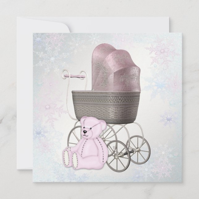 Invitation Fête Prénatale Bébé Fille Flocon de Neige Rose Mer (Devant)