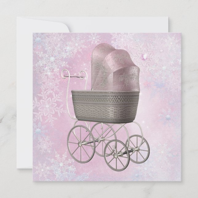 Invitation Fête Prénatale Bébé Fille Flocon de Neige Rose Mer (Devant)