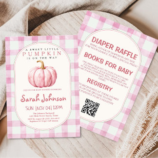 Invitation Fête Prénatale Bébé Fille Gingham Rose Citrouille 