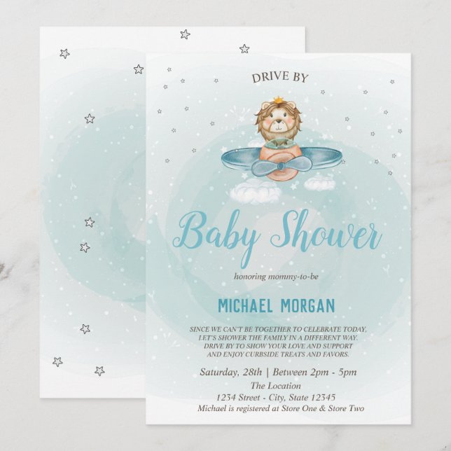 Invitation Fête Prénatale Bébé Fille Lion Avion (Devant / Derrière)