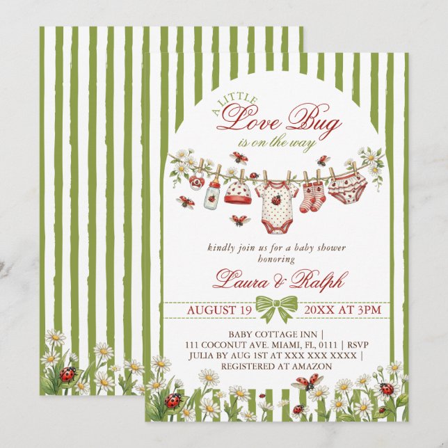 Invitation Fête Prénatale Bébé Fille Love Bug (Devant / Derrière)