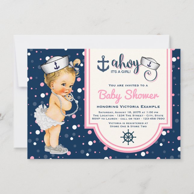 Invitation Fête Prénatale Bébé Fille Marine Bleu Rose (Devant)