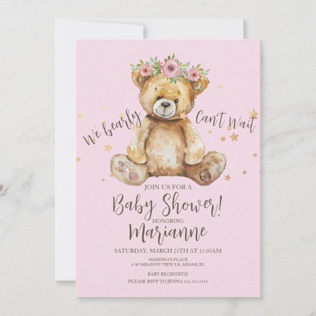 Invitation Fête Prénatale Bébé Fille Ours Rustique (Devant)